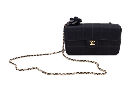 CHANEL QUILTED SATIN CHOCOLATE BAR CAMELLIA BAG