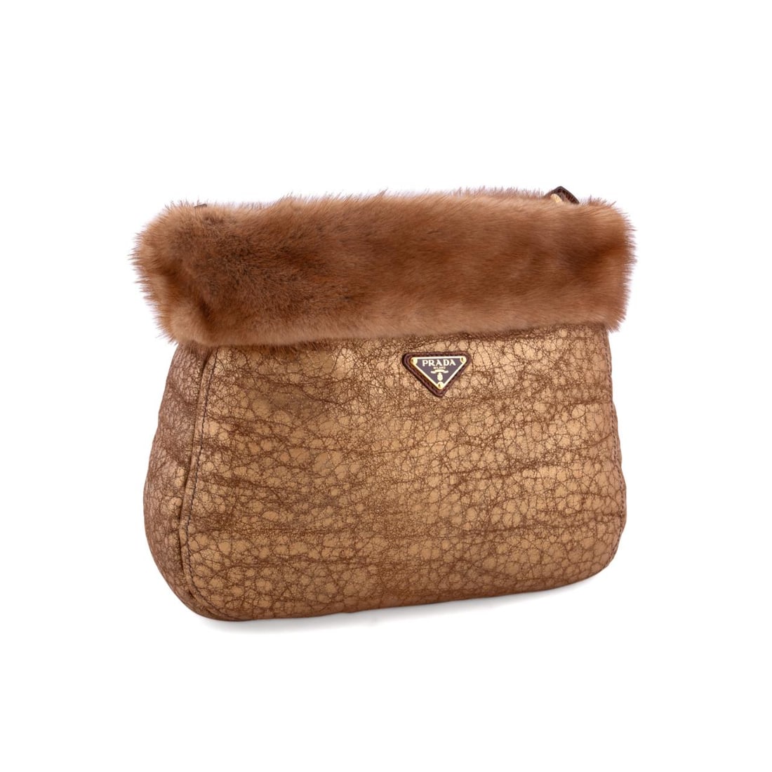 PRADA GOLD AND TAN SUEDE MINK CROCODILE BAG: Prada (Italian, founded, 1913). Handbag crafted from distressed sheepskin with shearling lining, mink fur trim, and crocodile leather handles, made in Italy. Accompanied by original dust bag. Provenan