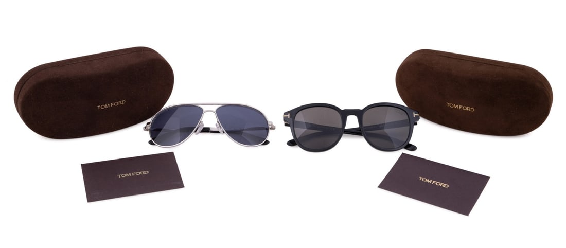 TWO TOM FORD SUNGLASSES, 'JAMESON' AND 'MARKO': Tom Ford. Two sunglasses including TF752 "Jameson" with black acetate frames and temples, gold metal details, and polarized lenses, and TF144 "Marko" aviators with silver metal frames, temples, and bl
