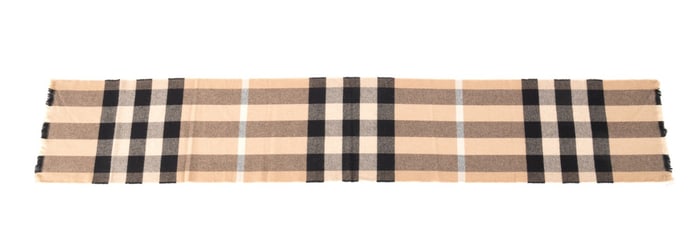 BURBERRY CASHMERE CAMEL 'CHECK' FRINGE SCARF