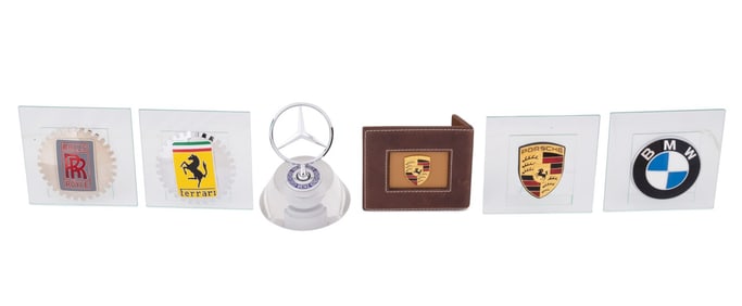 SIX EUROPEAN CAR GRILL EMBLEMS ON DISPLAYS