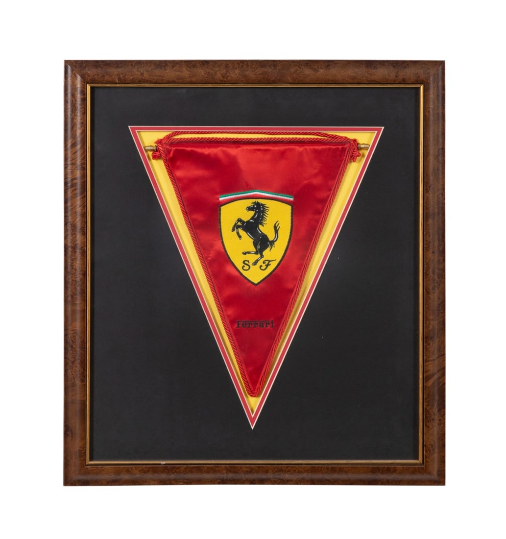 FRAMED SCUDERIA FERRARI BANNER PENNANT: Ferrari (Italian, founded 1939), late 20th to early 21st century. Scuderia banner pennant, appropriately marked. Framed. Provenance: Private Collection, Atlanta, GA. Approx dimensions: frame h. 23.25"