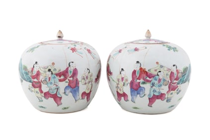 PAIR OF CHINESE FIGURAL MOTIF COVERED JARS