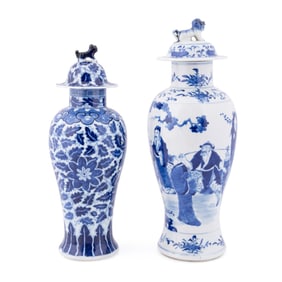 TWO CHINESE BLUE & WHITE LIDDED URNS