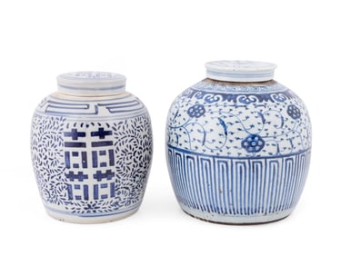 TWO CHINESE BLUE & WHITE LIDDED JARS