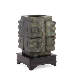 CHINESE DARK GREEN JADE CYLINDRICAL VESSEL