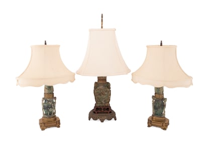 THREE GREEN STONE LAMPS WITH SHADES