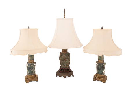 THREE GREEN STONE LAMPS WITH SHADES: Chinese. Three green fluorite vases mounted as lamps, each with a removable lid, having bronze collar and footed base, with shade. Provenance: Private Collection of James E West, LaGrange, GA. Approxi