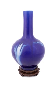 CHINESE BLUE GLAZE VASE ON WOODEN STAND