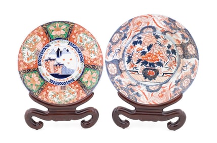 TWO IMARI FLORAL CHARGERS WITH WOODEN STANDS