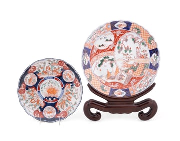 TWO SCALLOPED IMARI FLORAL CHARGERS