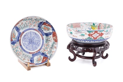 TWO JAPANESE IMARI PUNCH BOWLS WITH STANDS