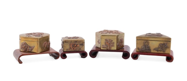 FOUR JAPANESE MINIATURE METALWORK BOXES