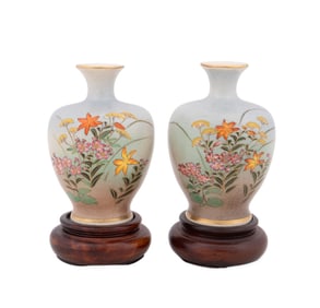 PAIR OF MINIATURE JAPANESE PALE BLUE FLORAL VASES