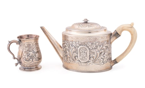 GEORGE III SILVER TEAPOT & SILVER MUG, 18TH C.