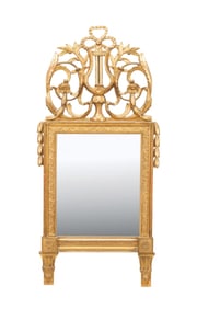 18TH C. LOUIS XVI LYRE CREST GILTWOOD MIRROR