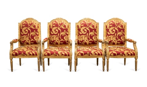 FOUR NEOCLASSICAL STYLE GILTWOOD SALON CHAIRS