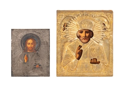 TWO RUSSIAN ORTHODOX ICONS ON WOODEN PANEL