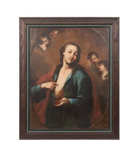 ITALIAN SCHOOL 19TH C. 'SACRED HEART' O/C: Italian School. "The Sacred Heart of Jesus" - 19th century, oil on canvas, apparently unsigned. Framed. Provenance: Private Collection of Mark Menin, Lawrenceville, GA. Approximate dimensions: h. 39.6