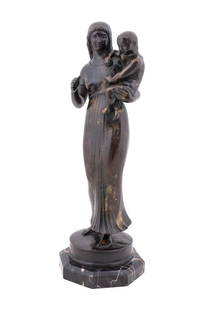 PAUL MANSHIP, 'MOTHER & CHILD', BRONZE, 1917: Paul Manship (American, 1885-1966). "Mother and Child" - 1917, bronze with brown patina and parcel gilding, signed "P. Manship" in mold to top of base and "ROMAN BRONZE WORKS N-Y-" foundry to back sid