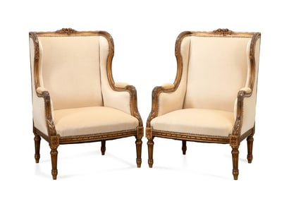 PAIR OF LOUIS XVI STYLE GILT CONFESSIONAL BERGERES