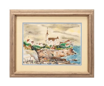 BEN SCHUTE 'CASCAIS PORT' COASTLINE WATERCOLOR