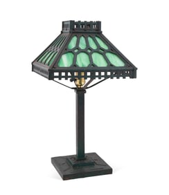 SLAG GLASS AND IRON LAMP, ATTR. BRADLEY & HUBBARD