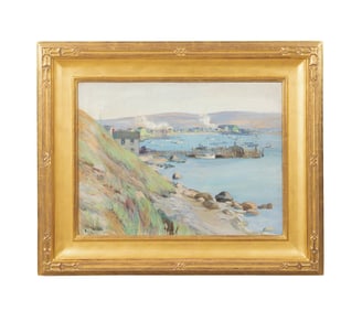 20TH C. ENGLISH SCHOOL SMALL TOWN HARBOR SCENE O/C