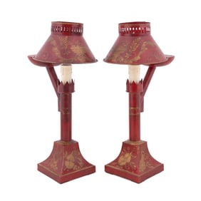 PAIR OF REGENCY STYLE RED TOLE LAMPS