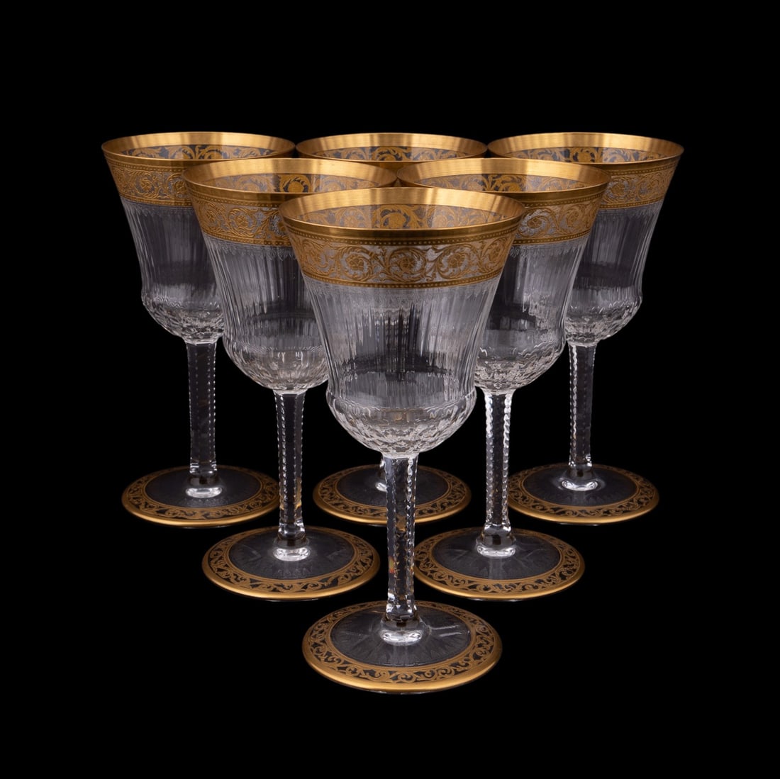 SIX ST. LOUIS 'THISTLE" BURGUNDY WINE GLASSES: Saint-Louis (French, founded 1586). Set of six "Thistle" (pattern introduced 1913) burgundy wine glasses with open band foot, all apparently unmarked. Provenance: Private Collection, Atlanta, GA. Appr
