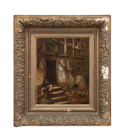 19TH CENTURY OUTDOOR SCENE OIL ON CANVAS