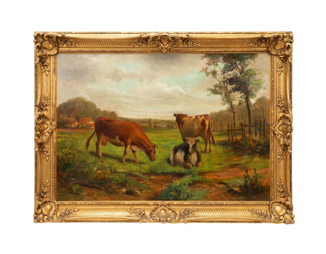 FRENCH SCHOOL, COWS IN PASTURE, OIL ON CANVAS (1 of 5)