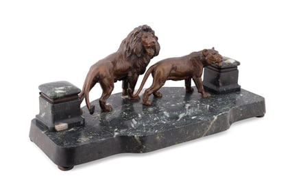 ART DECO BRONZE & MARBLE LION INKSTAND