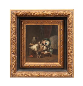 19TH C. GERMAN SCHOOL OIL, DOG PLAYING WITH CHILD