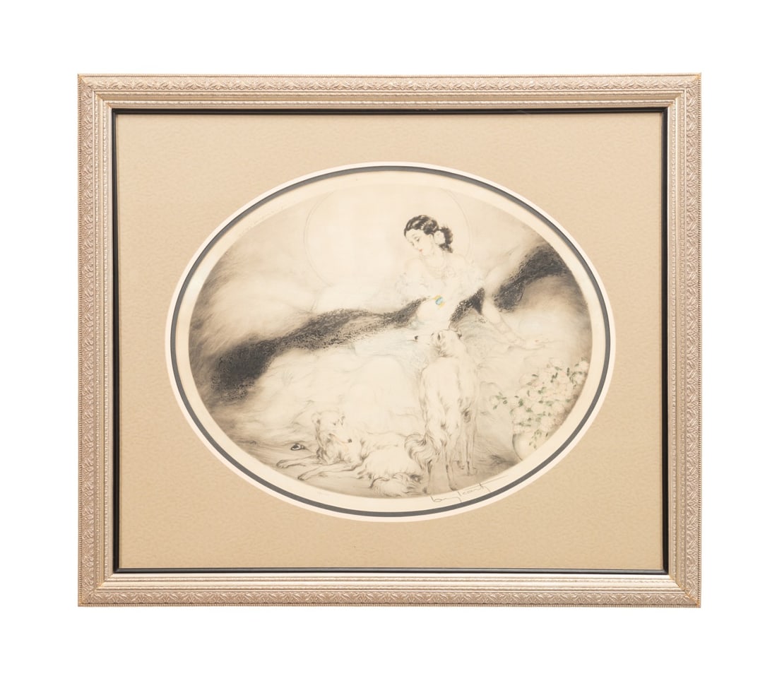 LOUIS ICART 'LADY OF THE CAMELIAS' ETCHING, 1927: Louis Icart (French, 1888-1950). "Lady of the Camelias (La Dame aux Camelias)" - 1927, hand colored etching and aquatint on paper, pencil signed to LR, numbered "EP" and windmill blind stamp to LL. Fr