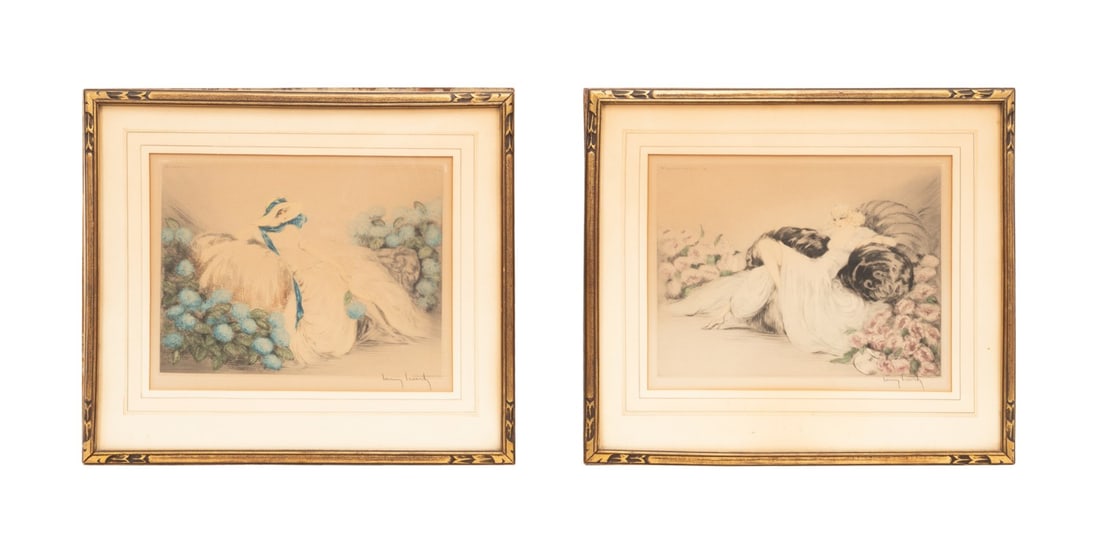 LOUIS ICART, 2 LADIES WITH FLOWERS SIGNED ETCHINGS (1 of 12)
