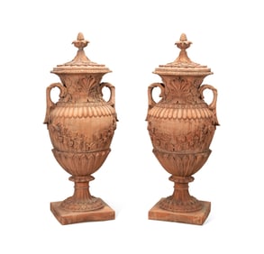 PAIR OF MONUMENTAL TERRA COTTA URNS, AFTER F. RING
