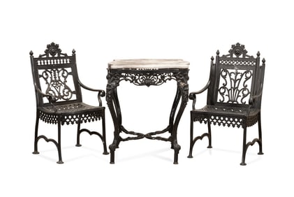 THREE PIECE VICTORIAN STYLE CAST IRON GARDEN SET