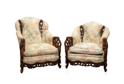 HEAVILY CARVED GENTLEMAN'S & LADY'S ARMCHAIRS