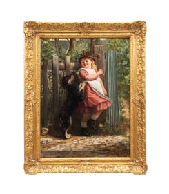 A.D. BASTIN, 19TH C. OIL, GIRL PLAYING WITH DOG