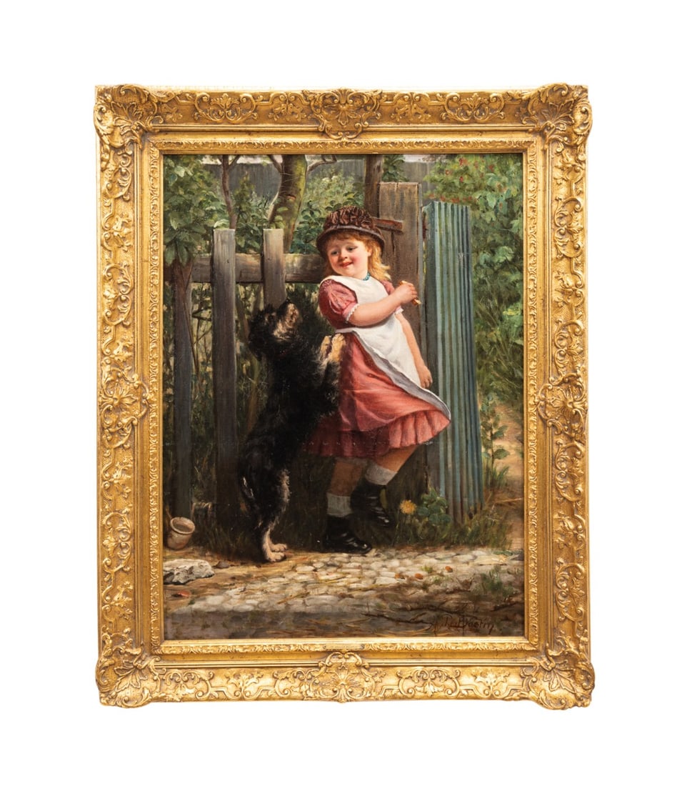 A.D. BASTIN, 19TH C. OIL, GIRL PLAYING WITH DOG (1 of 7)