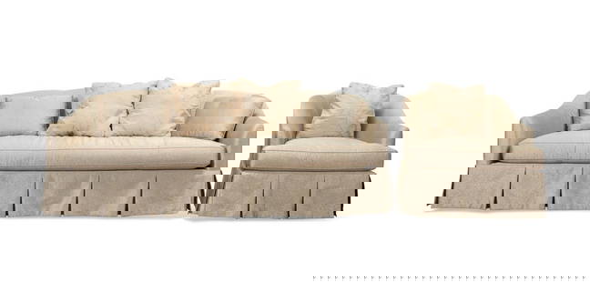 BARBARA BARRY FOR BAKER FURNITURE SOFA AND CHAIR: Barbara Barry (American, founded 1985) for Baker Furniture (American, founded 1903), contemporary. Upholstered sofa and matching chair, each having a curved back, assorted pillows, loose seat cushion,