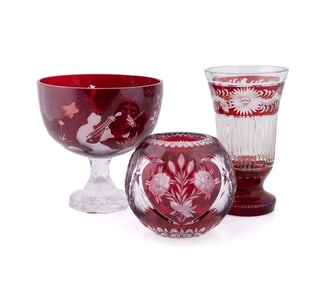 3 PIECES OF RUBY CUT TO CLEAR TABLEWARES