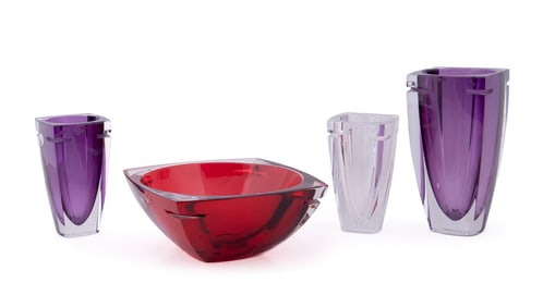 WATERFORD CRYSTAL 'METRA' BOWL' & THREE VASES