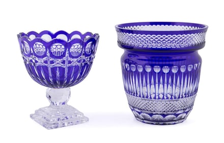 COBALT CUT TO CLEAR VASE & CHAMPAGNE COOLER