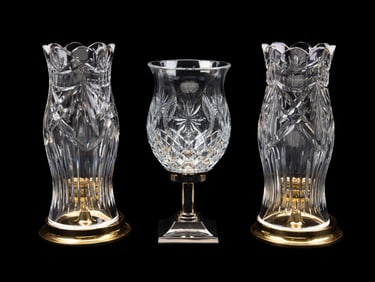 THREE WATERFORD CRYSTAL CANDLE HURRICANES
