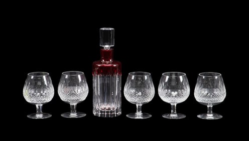 5 WATERFORD CRYSTAL BRANDY GLASSES & A DECANTER