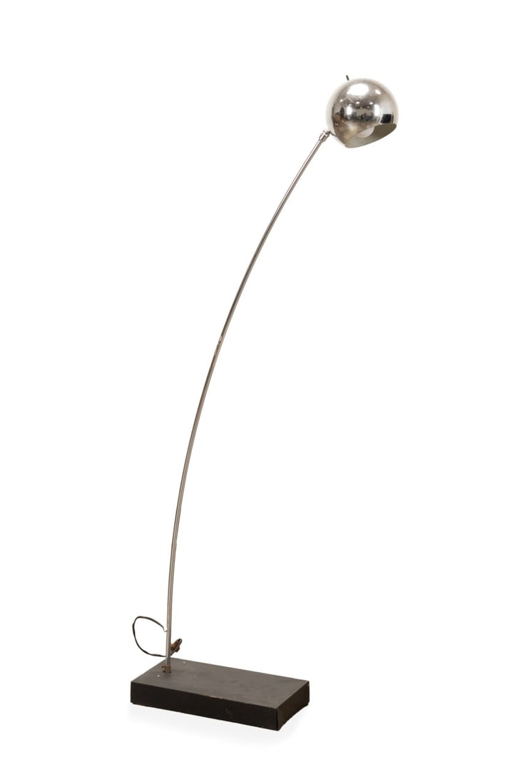 CHROME ARC FLOOR LAMP, MANNER R. SONNEMAN: Manner Robert Sonneman (American, born 1943), last quarter 20th century. Modern arc floor lamp, having a chrome globular shade, curving arm, and rising on a rectangular base, apparently unmarked. Prov