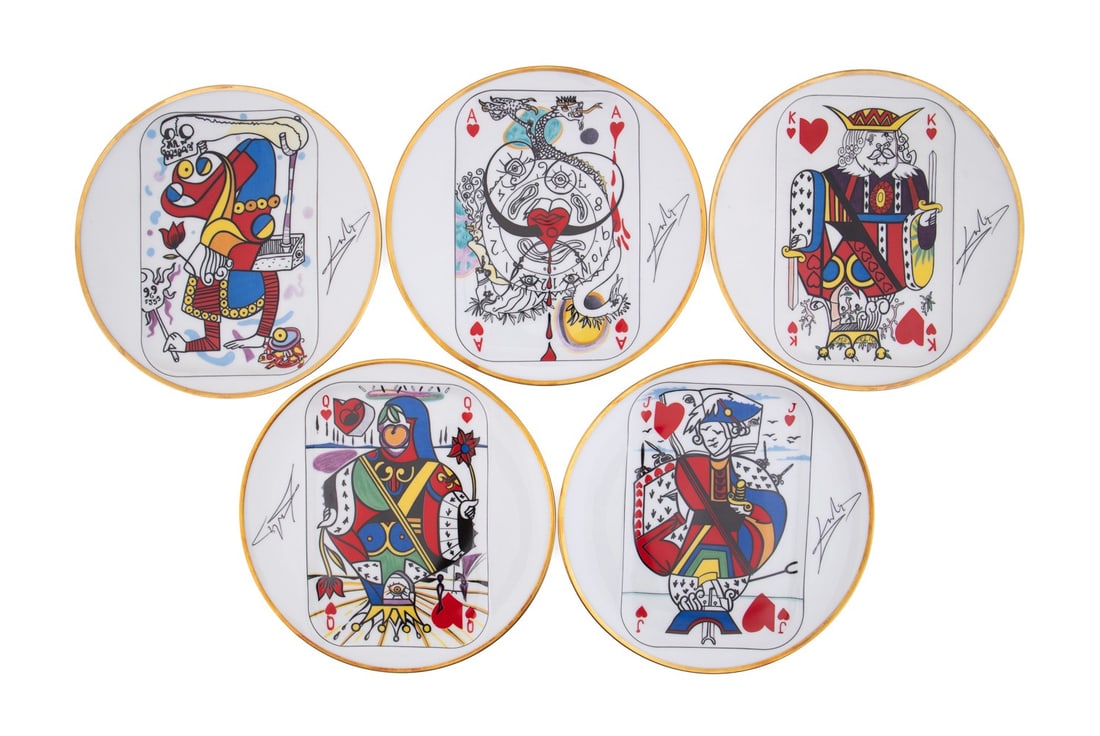 SET OF FIVE DALI CARD 'CARTE A JOUER ' PLATES: Salvador Dali (Spanish, 1904-1989) for Puiforcat (French, founded 1820), Raynaud & Co. (French, founded 1925), 1967. Set of five "Carte A Jouer" limited edition porcelain plates (run of 5,000) compris