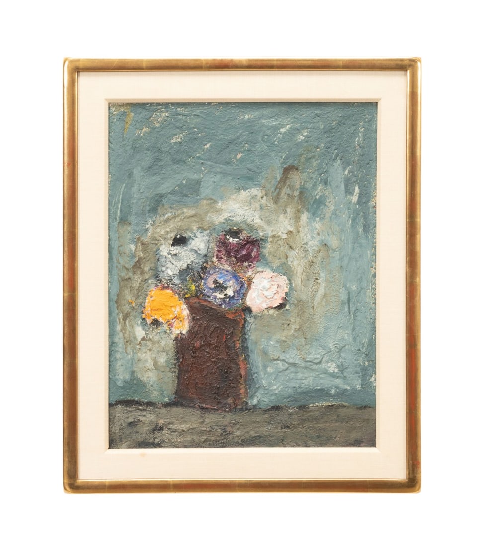 GANDY BRODIE 'FRIENDLY ANEMONES' OIL ON LINEN: Gandy Brodie (American (New York), 1924-1975). "Friendly Anemones" - 1960s, oil on linen, apparently unsigned, titled to verso. Framed. Approximate dimensions: canvas h. 18.125", w. 14.125"; frame h.